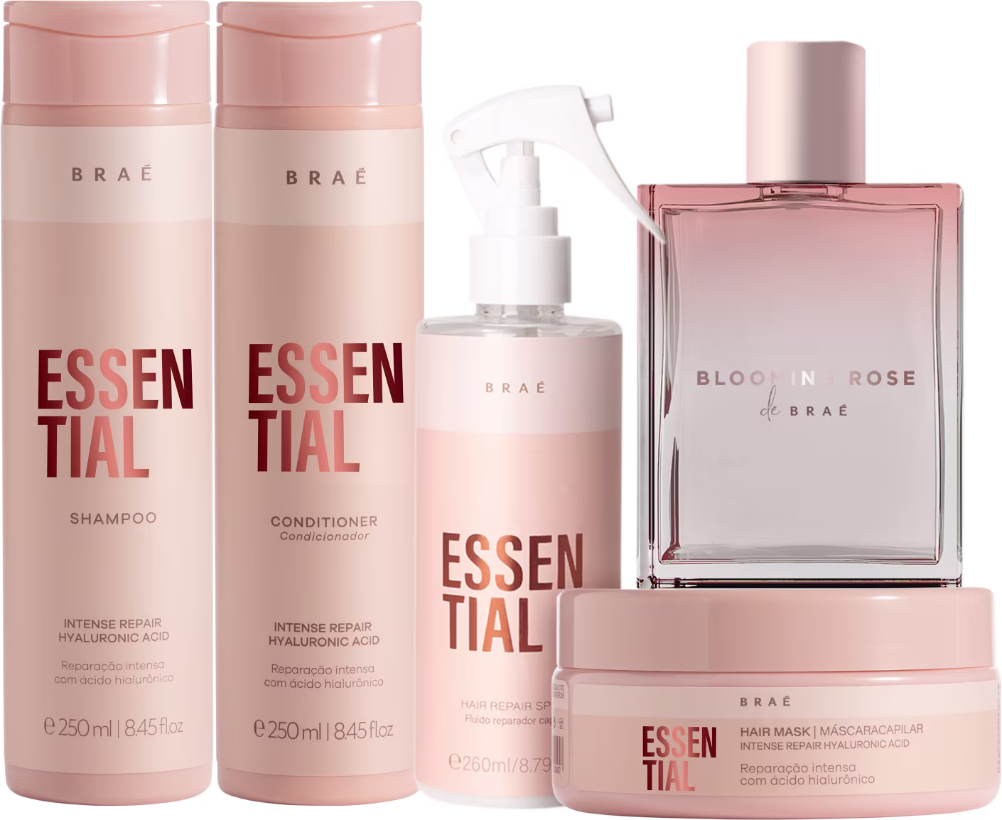 A imagem mostra uma linha de produtos de cuidados capilares da marca Brae. São itens da linha Essential, além de um perfume capilar denominado "Blooming Rose"