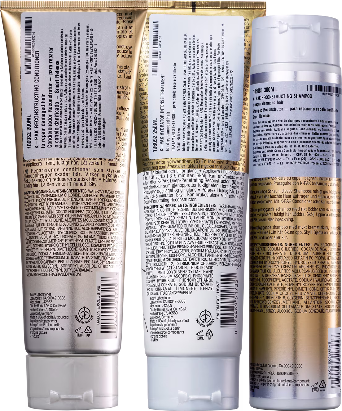 São três produtos de cuidados capilares da marca Joico. Um shampoo reconstrutor, um condicionador reconstrutor e um tratamento intensivo hidratante para cabelos secos e danificados em embalagem prateada.
