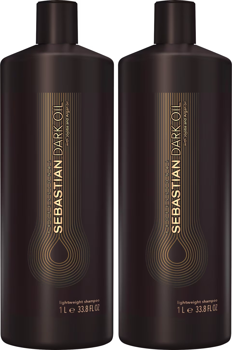 São dois frascos de shampoo leve da marca Sebastian Professional. Os frascos são de plástico marrom escuro e têm formato cilíndrico com tampa preta. Na parte frontal, há o logotipo e nome da marca "Sebastian Dark Oil" em letras douradas.