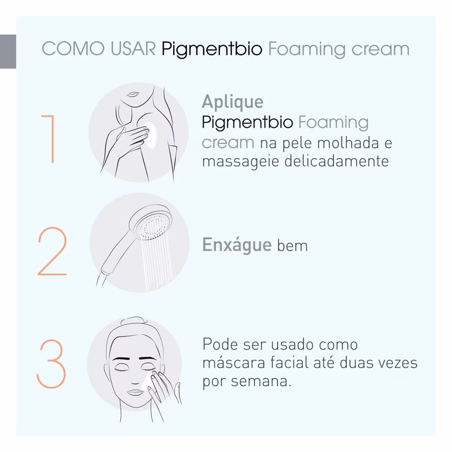O produto apresentado é uma espuma de limpeza facial da linha Pigmentbio da marca Bioderma. As instruções de uso são fornecidas em três etapas ilustradas com ícones simples.