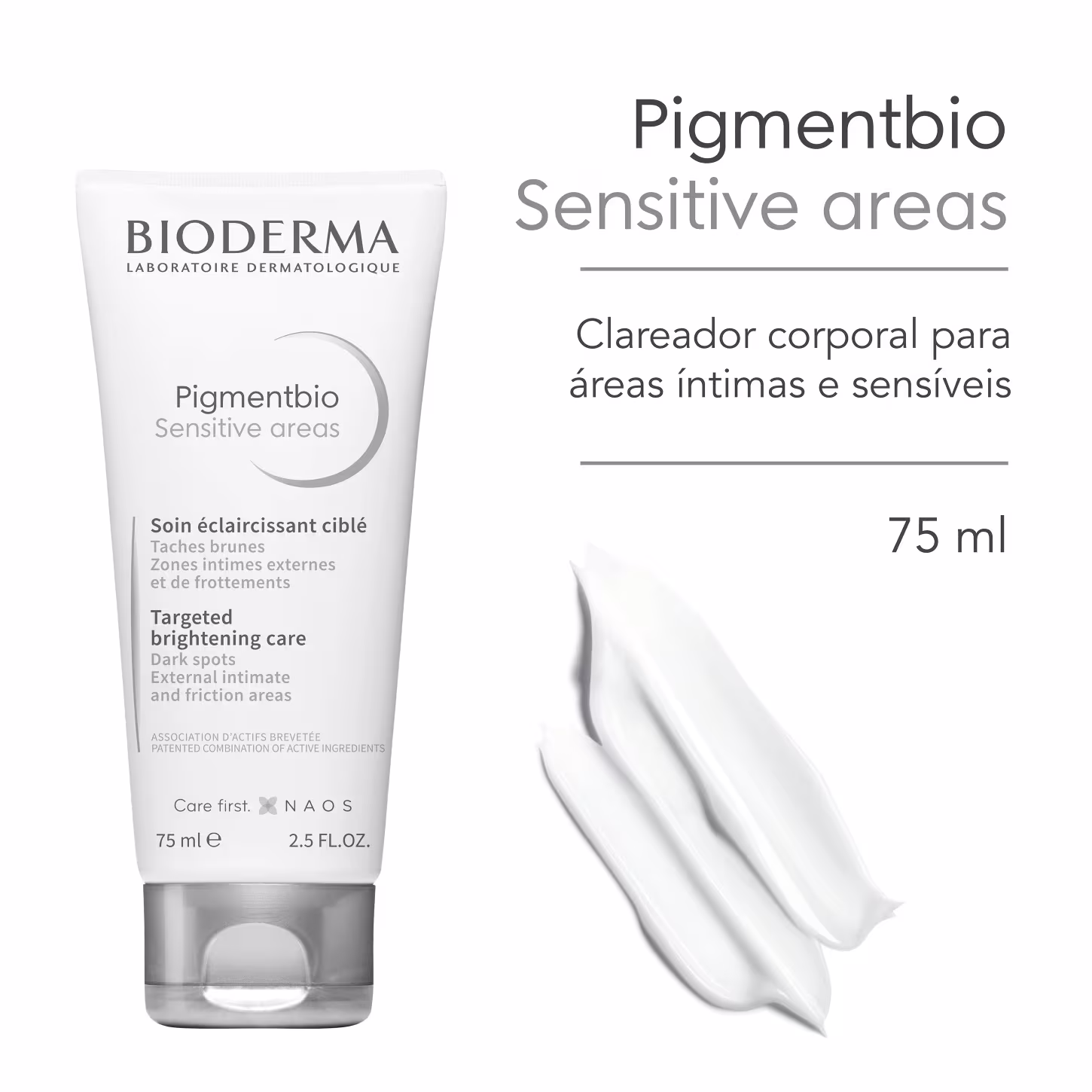É um produto marca Bioderma, especificamente um clareador para áreas sensíveis. A embalagem é um tubo plástico branco com detalhes em cinza. O nome do produto "Pigmentbio Sensitive areas" está impresso em letras pretas na frente do tubo.