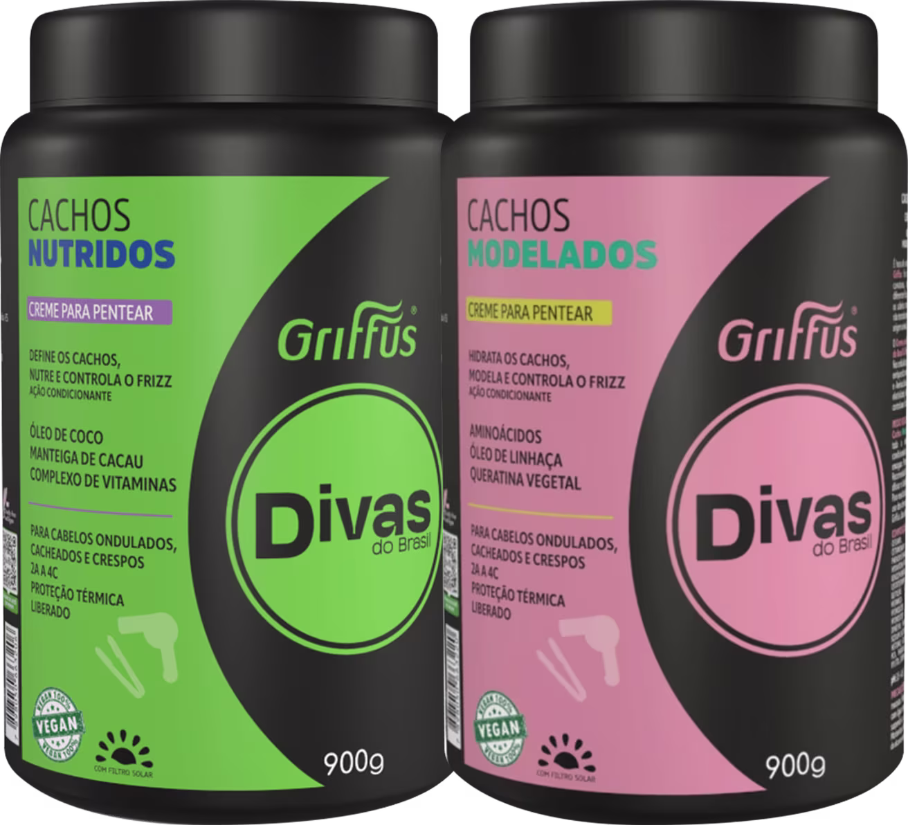 Os produtos apresentados na imagem são dois cremes para pentear da marca Griffus, destinados a cuidar de cabelos ondulados, cacheados e crespos. Ambos com 900g.
