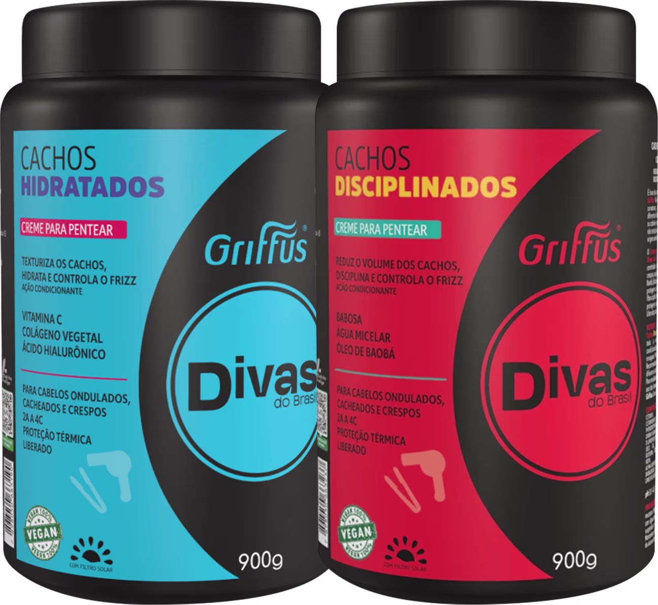 Dois frascos pretos de 900g cada, contendo cremes para pentear cabelos cacheados e crespos da linha Divas do Brasil da marca Griffus. Um frasco é azul com o rótulo "Cachos Hidratados". O outro é vermelho com o rótulo "Cachos Disciplinados".