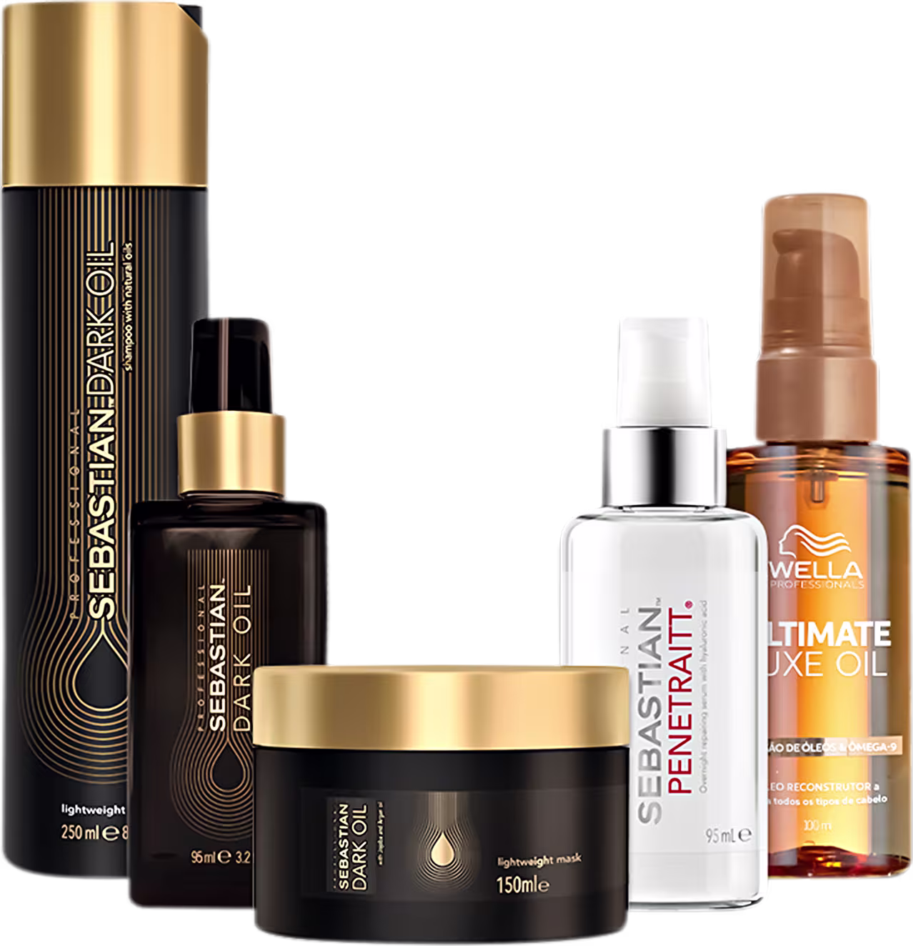 Kit com shampoo, máscara e óleo capilar Dark Oil, da marca Sebastian Professional. Além disso, conta com óleo capilar Penetraitt e outro óleo Ultimate Luxe Oil da marca Wella Professionals.
