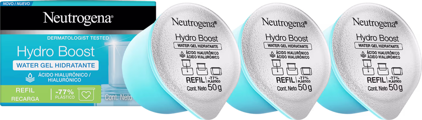 A imagem mostra o rótulo do produto, ao lado de três refis, com embalagem azul.