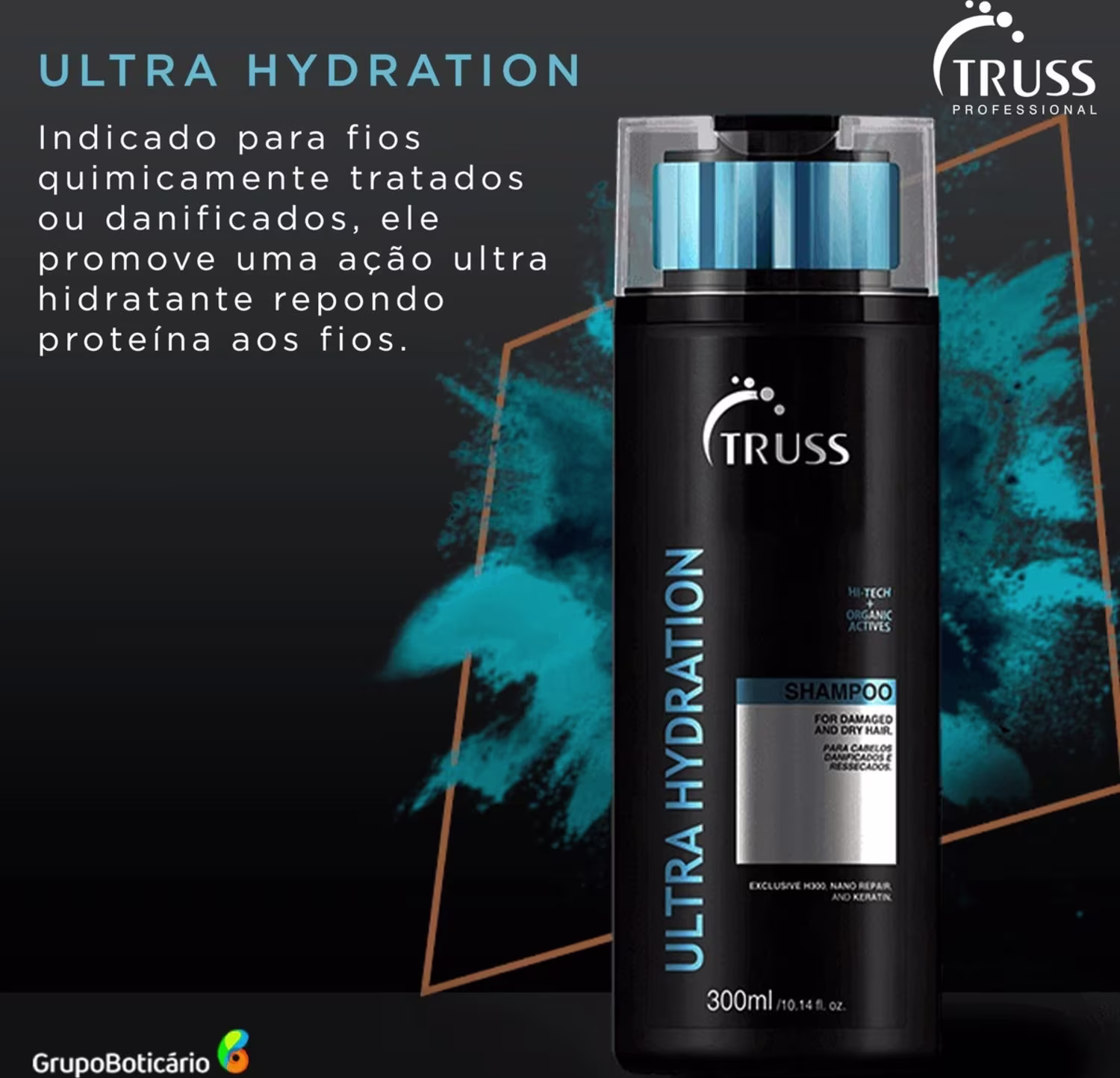 Produto de cuidado capilar da marca TRUSS. Frasco preto de plástico com tampa transparente azul. Rótulo "Ultra Hydration" e "Truss Professional". Texto em português descrevendo que é um shampoo para cabelos quimicamente tratados ou danificados.
