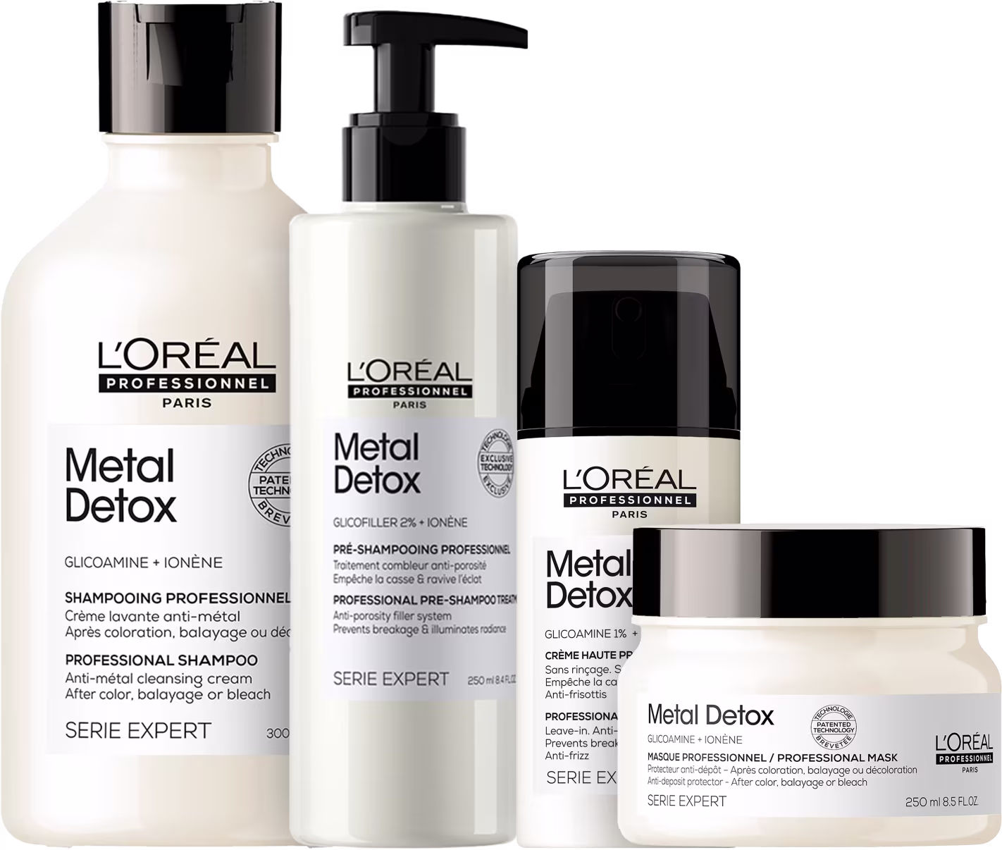 Kit com pré-shampoo, shampoo, máscara capilar e leave-in capilar Metal Detox, da marca L'Oréal Professionel