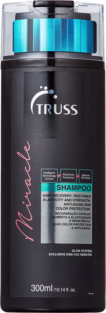 Shampoo em frasco plástico preto de 300ml. Embalagem cilíndrica com tampa transparente. Rótulo com o logotipo "TRUSS" e texto descrevendo como um "Shampoo Hair Recovery" que restaura elasticidade e força, com proteção anti-idade e cor.