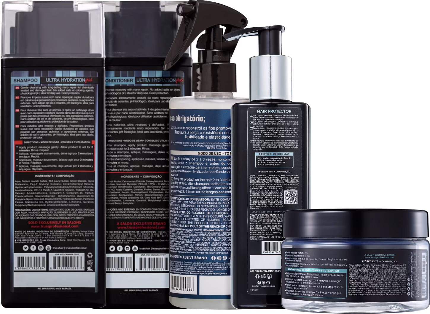 A imagem mostra uma linha de produtos para cabelos danificados e secos da marca TRUSS. Shampoo e Condicionador Ultra Hydration Plus, Uso Obrigatório, Hair Protector e Specific Mask.