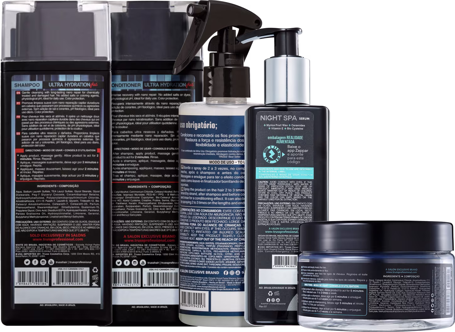 A imagem mostra uma linha de produtos para cabelos da marca TRUSS. Há itens das linhas Ultra Hydration Plus, Uso Obrigatório, Specific Mask e Night SPA.