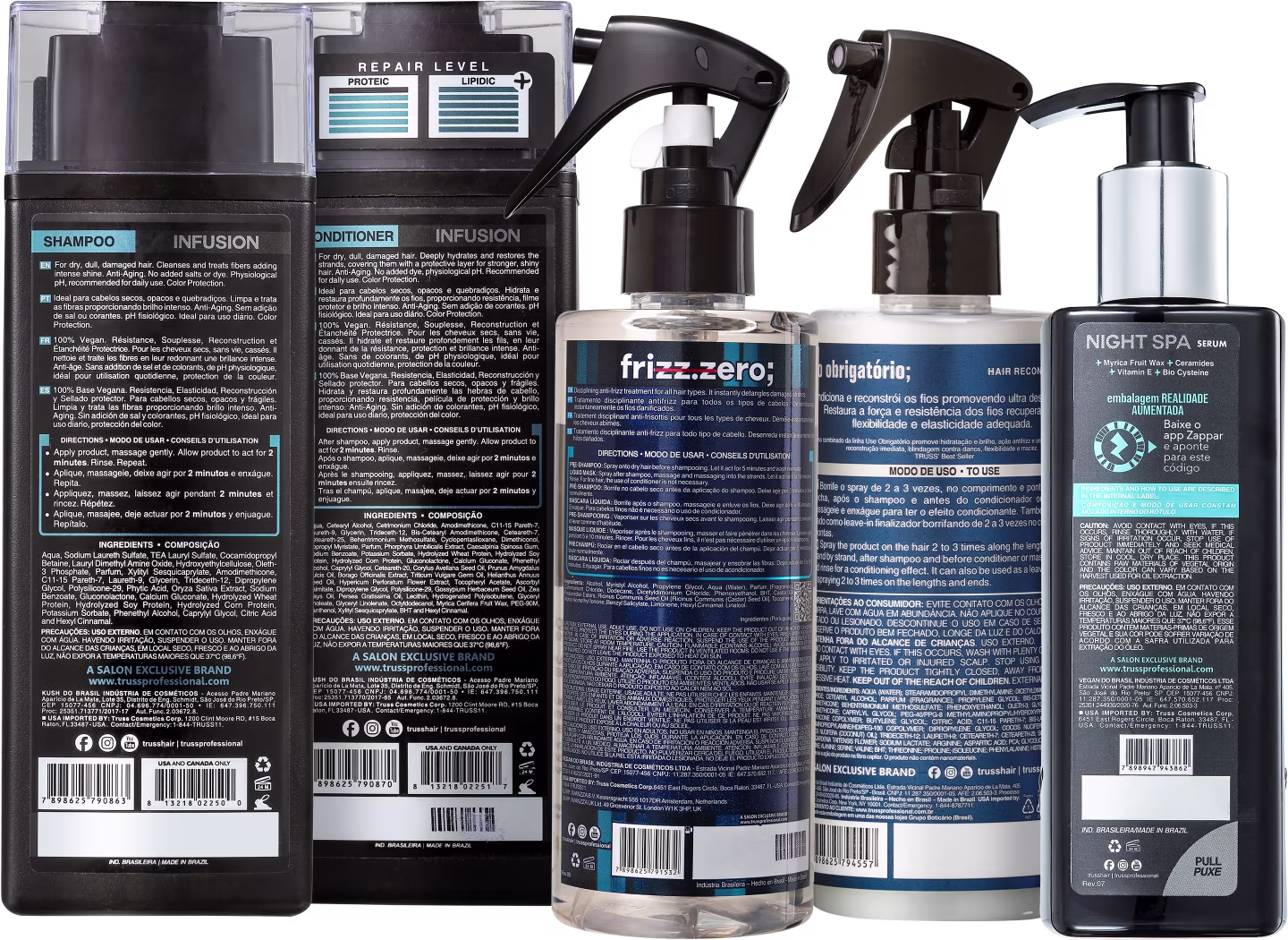 A imagem mostra uma variedade de produtos de cuidados capilares da marca TRUSS, com itens das linhas Miracle, Uso Obrigatório e Night Spa.