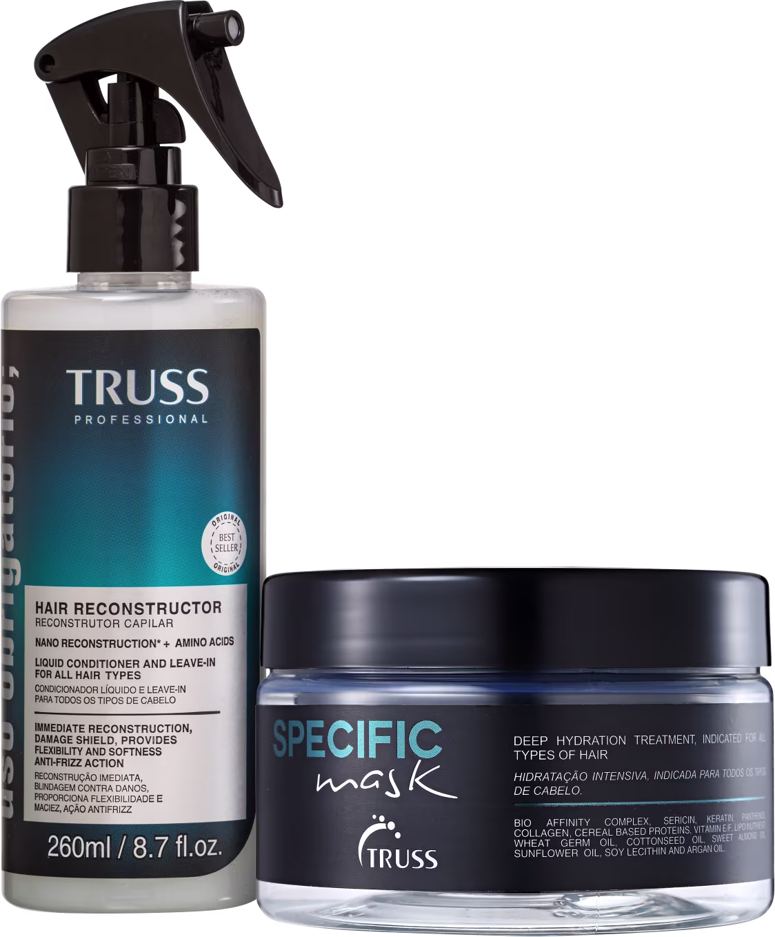 O produto é um reconstrutor capilar da marca TRUSS Professional. Consiste em um frasco plástico transparente com spray de 260ml. Há também uma máscara de tratamento profundo da mesma marca chamada "Specific Mask" em um pote transparente.