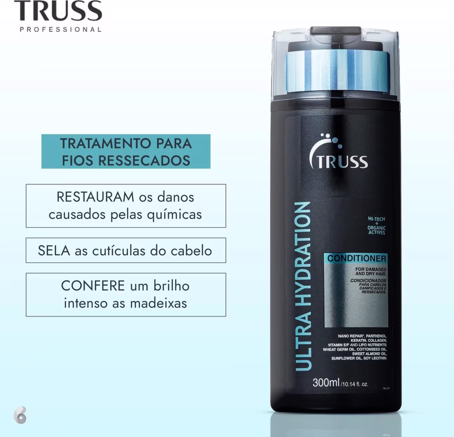 Condicionador Ultra Hydration da linha Truss Professional para cabelos danificados. Embalagem plástica preta com detalhes em azul claro. Frasco cilíndrico de 300ml.