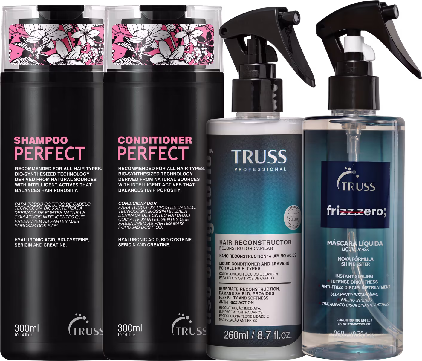 A imagem mostra uma linha de produtos para cabelos da marca TRUSS. Shampoo e condicionador Perfect, Uso Obrigatório e Máscara Líquida Frizz Zero.