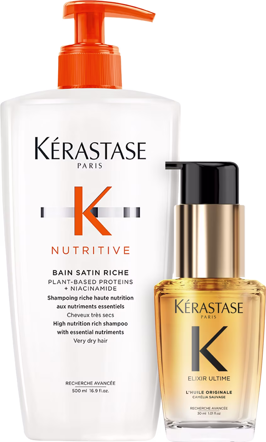 Kit com shampoo Nutritive e óleo capilar Elixir Ultime, da marca Kerastase.