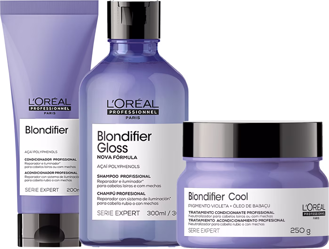 A imagem mostra três produtos da linha Blondifier da L'Oréal Professionnel para cabelos loiros ou com mechas.