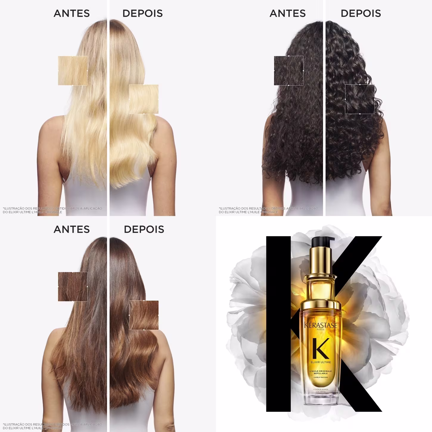 A imagem mostra antes e depois do uso do Óleo Elixir Ultime, apresentando diferentes tipos de cabelo e resultado de brilho e sedosidade.