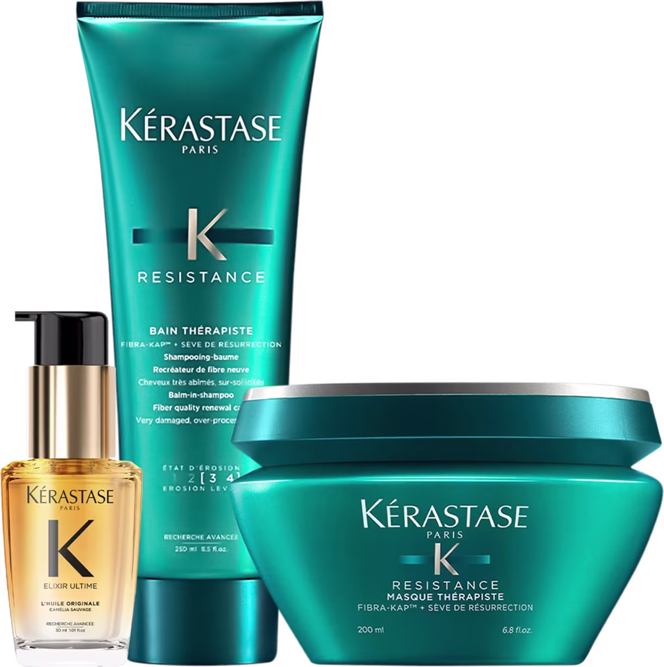 A imagem mostra shampoo e máscara da linha Resistance da marca Kérastase, com frascos em tom azul-esverdeado e óleo capilar Elixir Ultime com frasco transparente, permitindo ver o líquido dourado dentro.