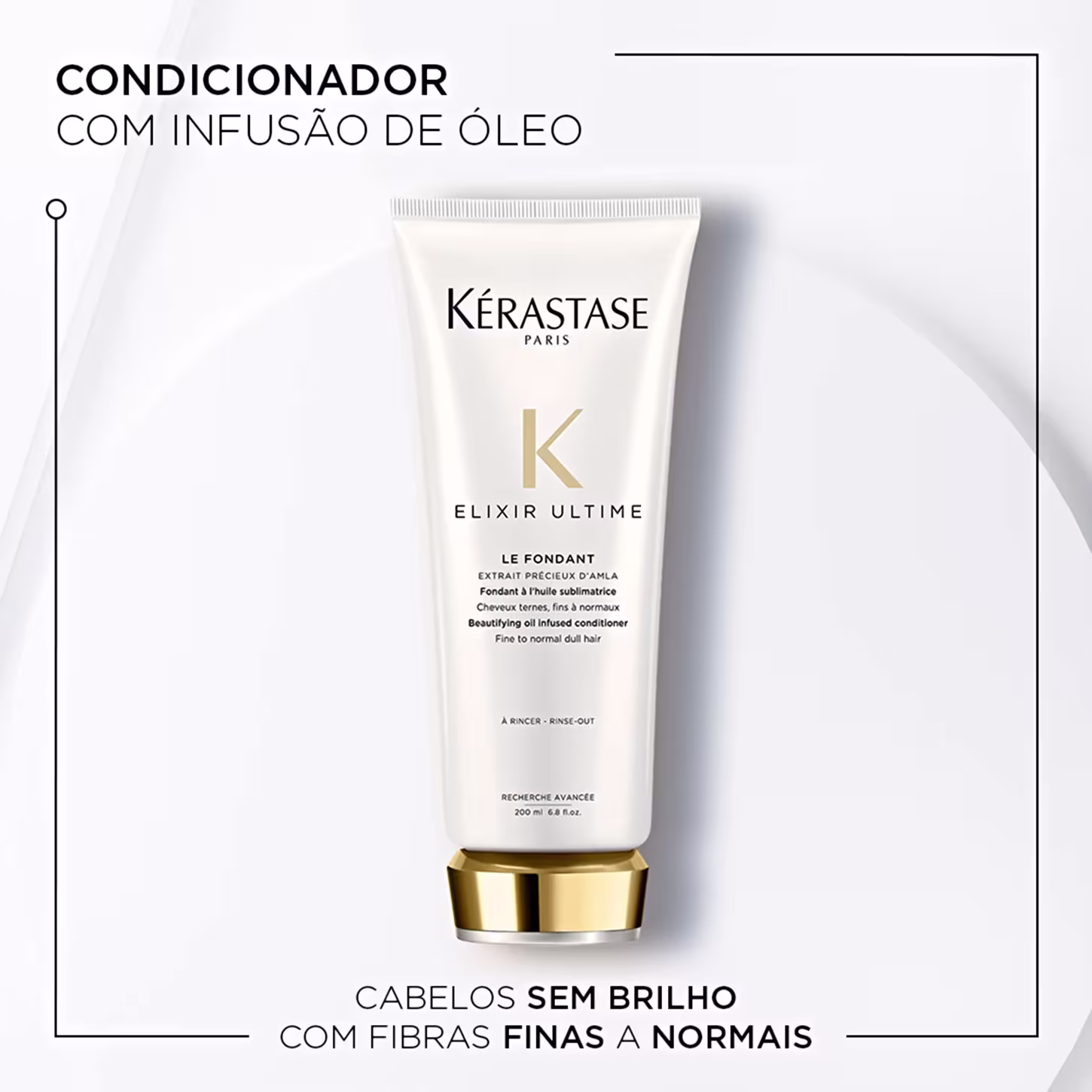 Condicionador com infusão de óleo Kérastase Elixir Ultime Le Fondant. Embalagem plástica branca e dourada. Rótulo branco com texto preto e dourado, destacando "Kérastase Paris", "Elixir Ultime",