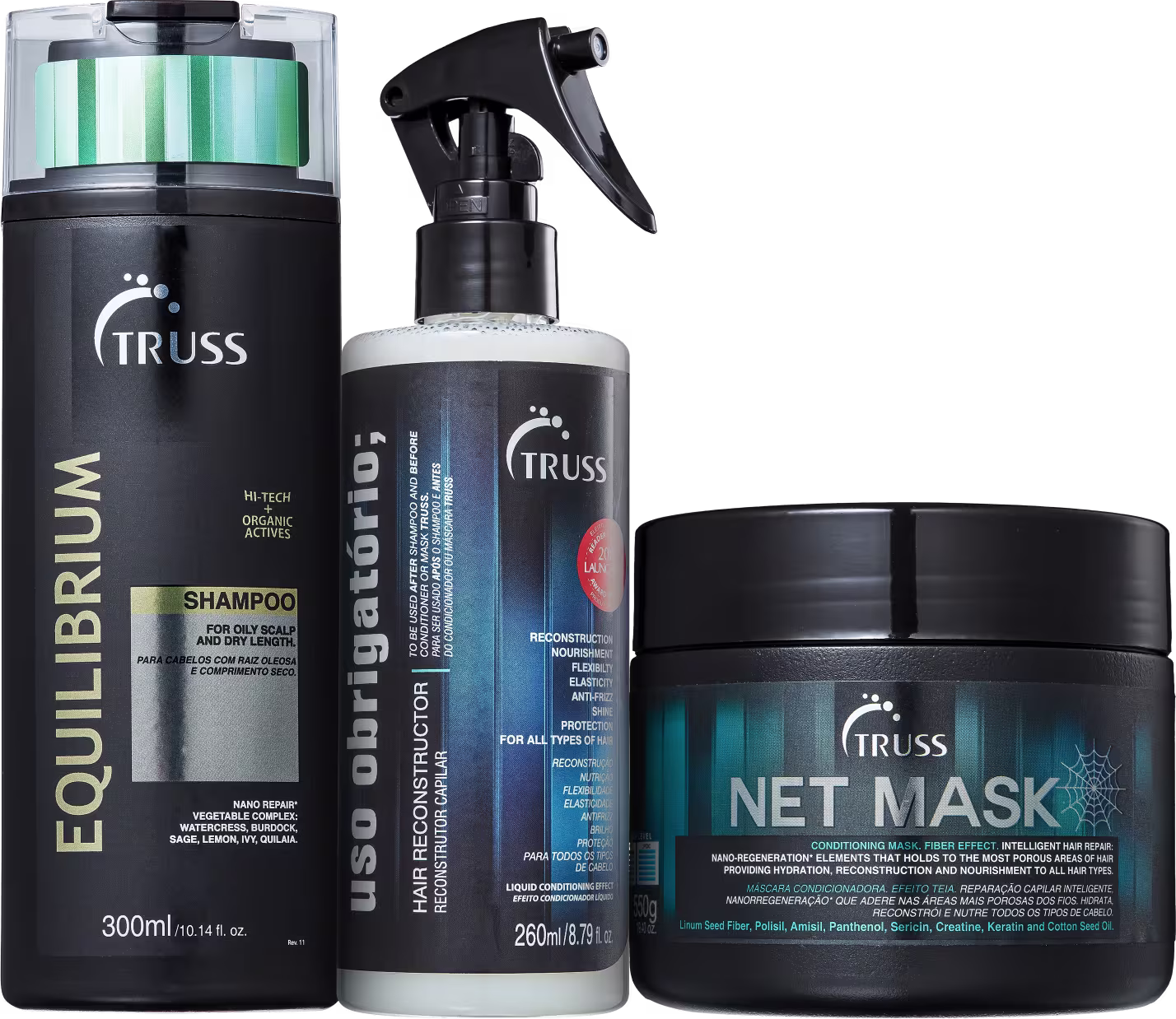 A imagem mostra três produtos de cuidados capilares da marca TRUSS. O primeiro é um shampoo em uma embalagem cilíndrica preta. O segundo é um condicionador líquido reconstrutor. O terceiro é uma máscara capilar.