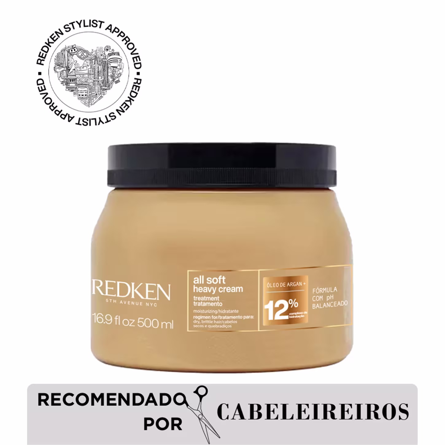 Produto de tratamento capilar da marca Redken. Embalagem plástica opaca na cor bege, formato cilíndrico com tampa preta. Rótulo indicando "All Soft Heavy Cream" com 12% de óleo de argan. Volume de 16.9 fl oz (500ml).