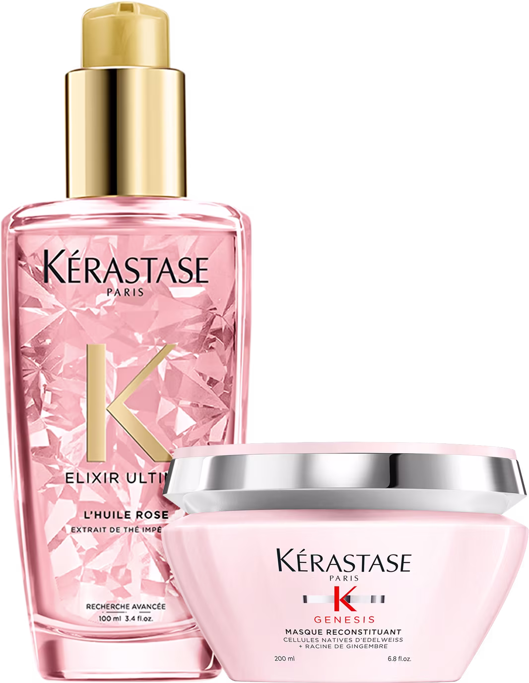 Kit Kérastase Genesis Elixir Ultime Rose Reconstituant, com shampoo e máscara para cabelos quebradiços.
