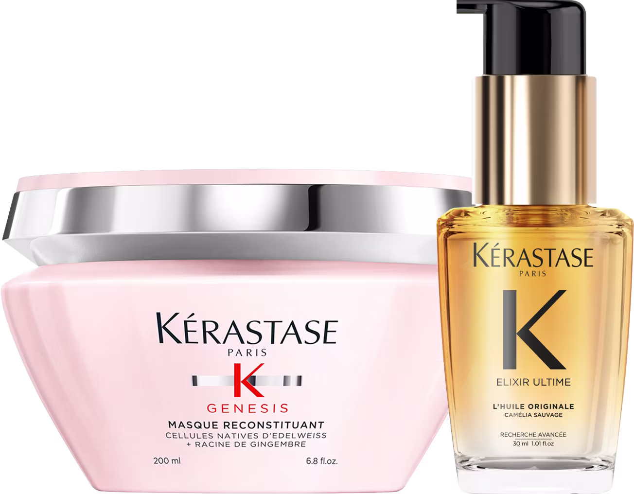 Kit Kérastase Genesis Reconstituant Elixir Ultime Refillable, com 2 produtos, uma máscara e um óleo miniatura capilar.