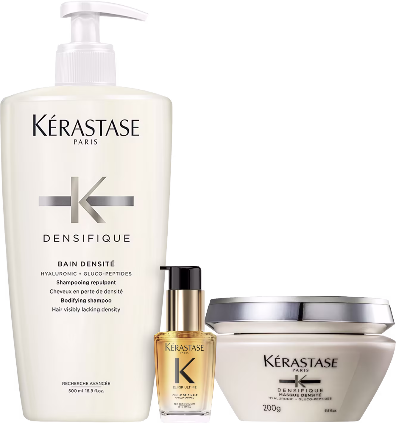 Kit com shampoo e máscara Densifique, e óleo Elixir Ultime L'Huile Originale, da marca Kerastase.