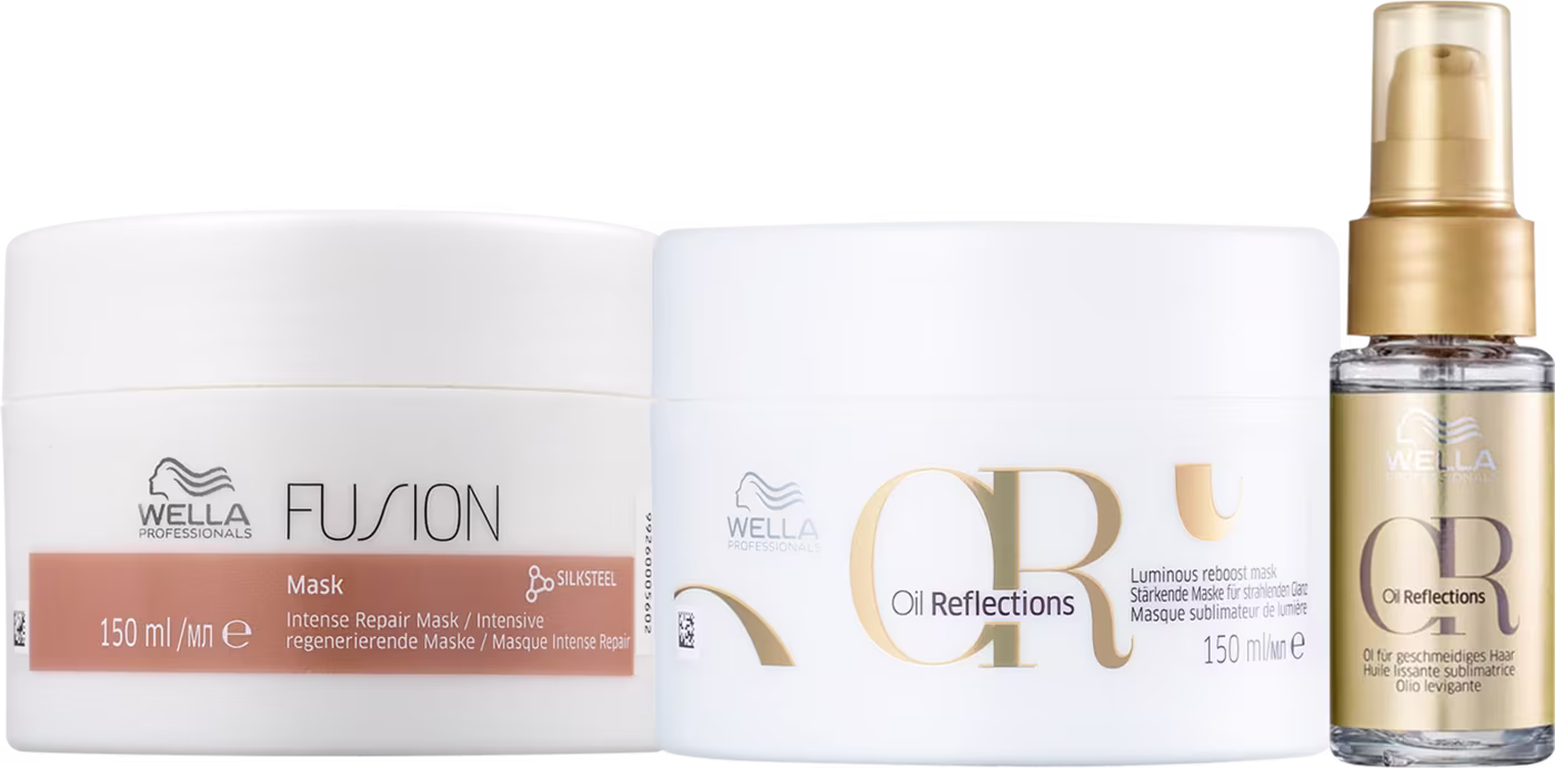 Kit Wella Professionals Oil Reflections Fusion Trio, com uma máscara Oil Reflections, uma máscara Fusion e um óleo Oil Reflections
