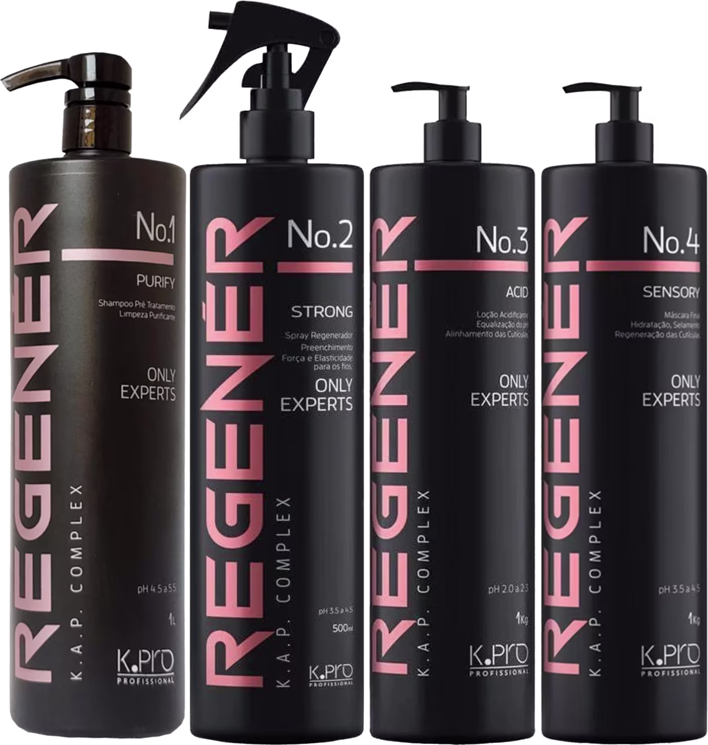 A série de produtos de beleza K.Pro é apresentada em embalagens pretas com detalhes em rosa. Há quatro frascos com bombas doseadoras, cada um com um número (1, 2, 3 e 4) e um rótulo indicando o tipo de produto, como "Purify", "Strong", "Acid" e "Sensory".