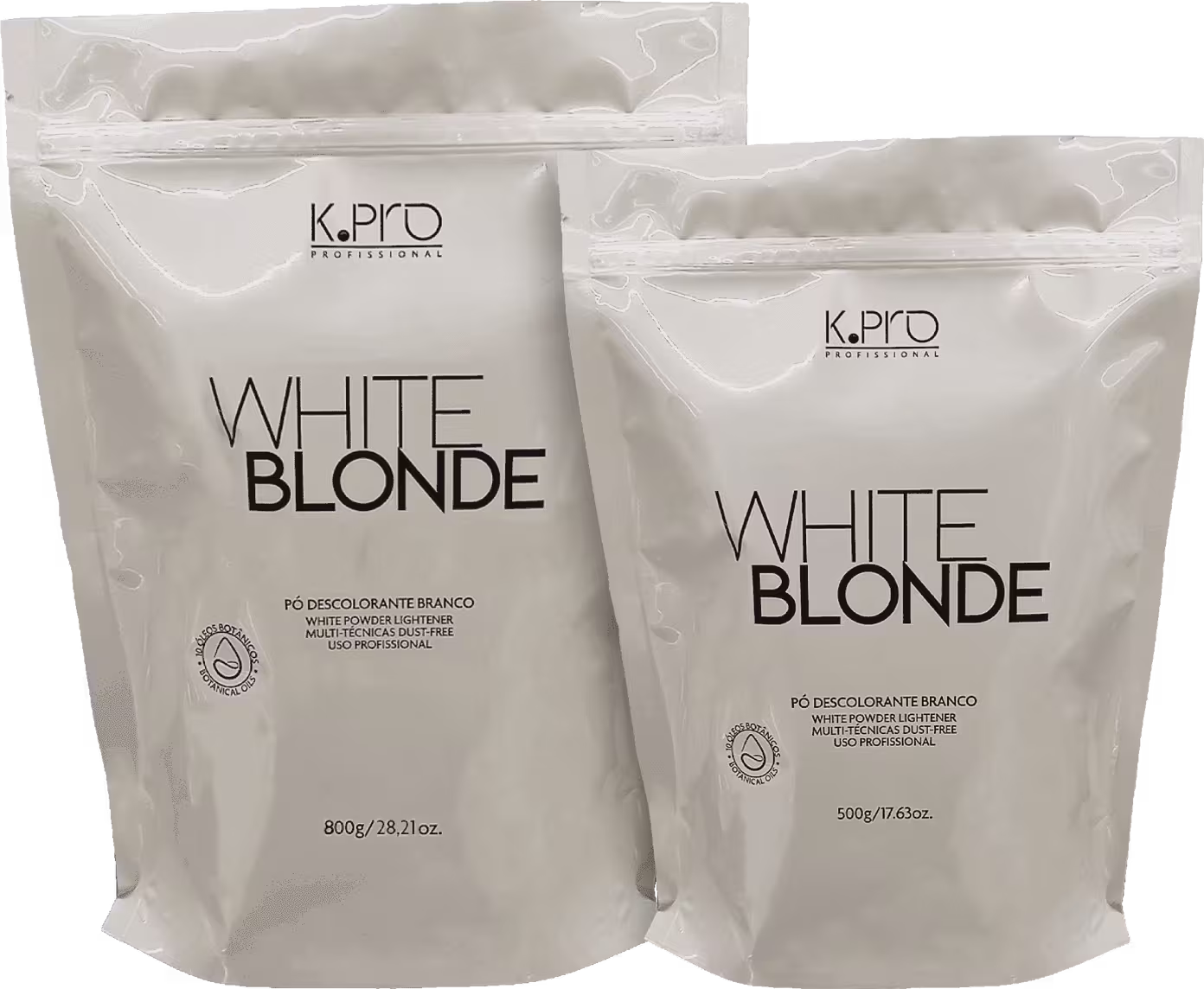 O produto apresentado na imagem são dois pacotes de pó descolorante branco da marca K.Pro, com o nome "White Blonde" impresso. Os pacotes têm design minimalista, com a marca K.Pro e o nome do produto em destaque. Um pacote é de 800g e o outro de 500g.