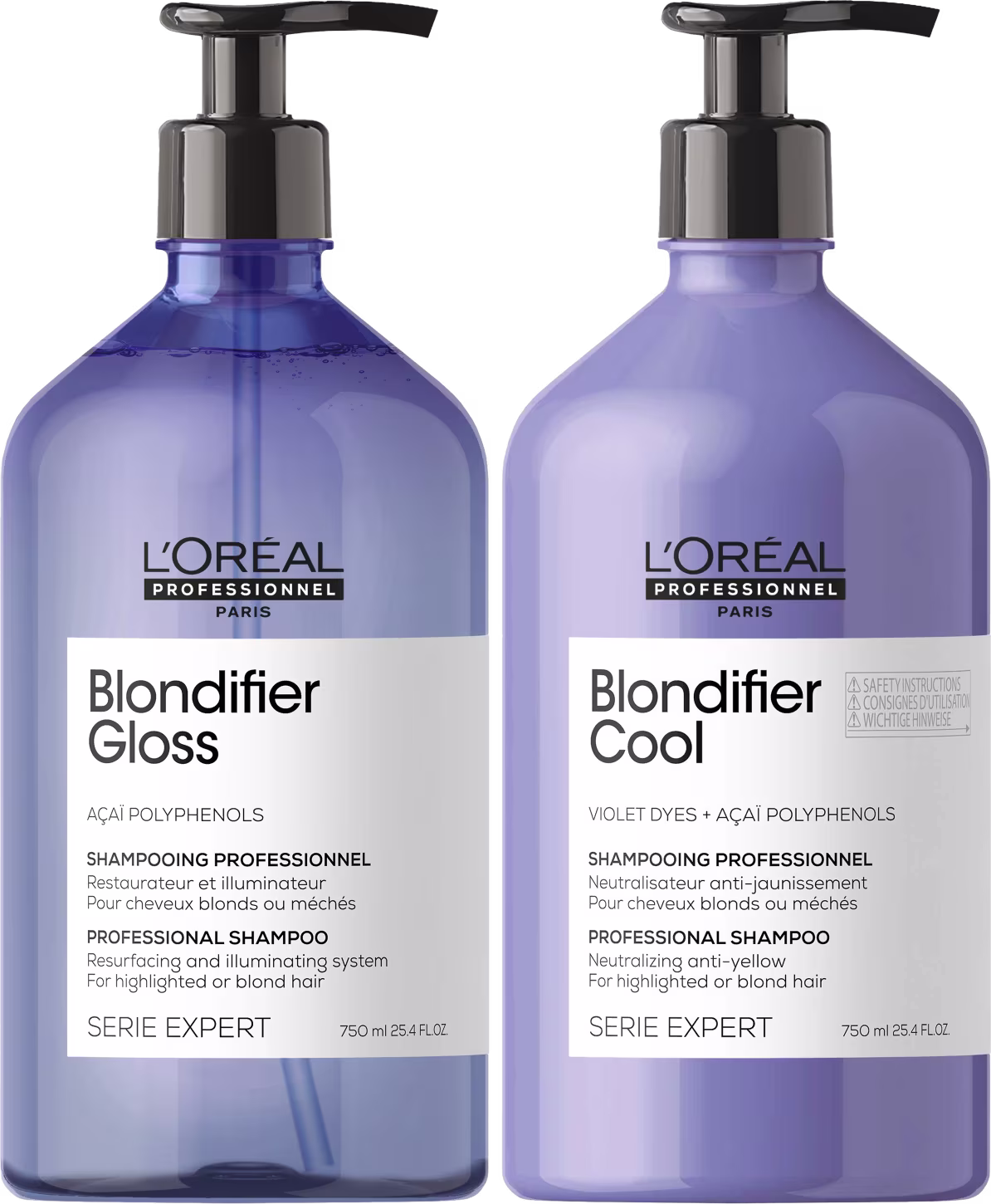 Dois frascos de shampoo profissional da linha Serie Expert da L'Oréal Professionnel Paris. Os frascos são transparentes e têm um design cilíndrico com bombas dosadoras pretas na parte superior.