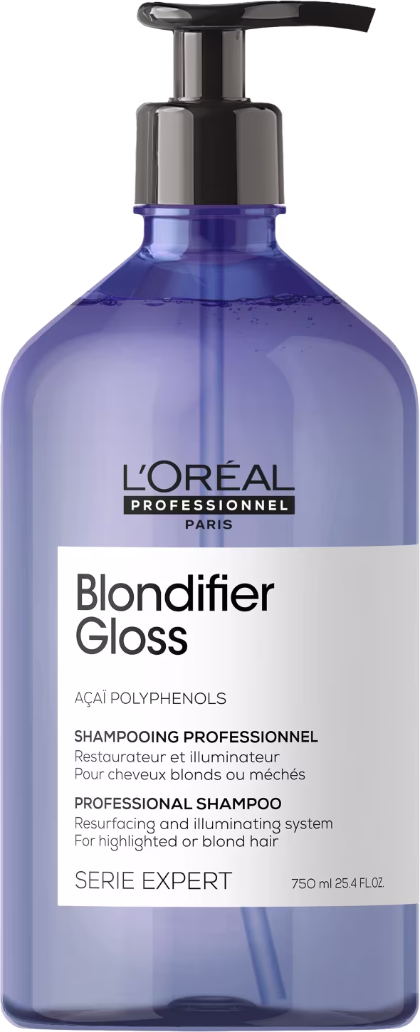 Produto de cuidado capilar L'Oréal Professionnel Blondifier Gloss. Frasco plástico azul transparente com bomba dosadora preta. Rótulo branco com texto "Blondifier Gloss" e descrição.
