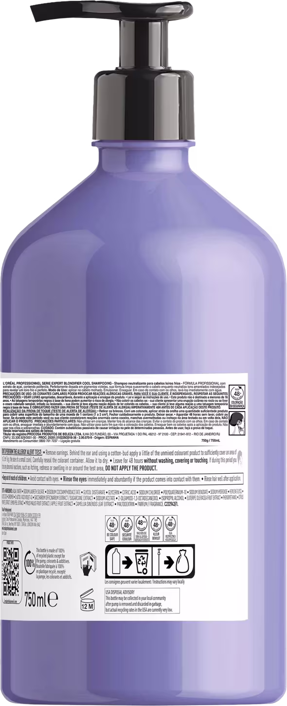 Produto de cuidado capilar da linha Serie Expert da L'Oréal Professionnel. Frasco plástico transparente de cor roxa com bomba dosadora preta. Rótulo branco com o nome "Blondifier Cool" e descrição.