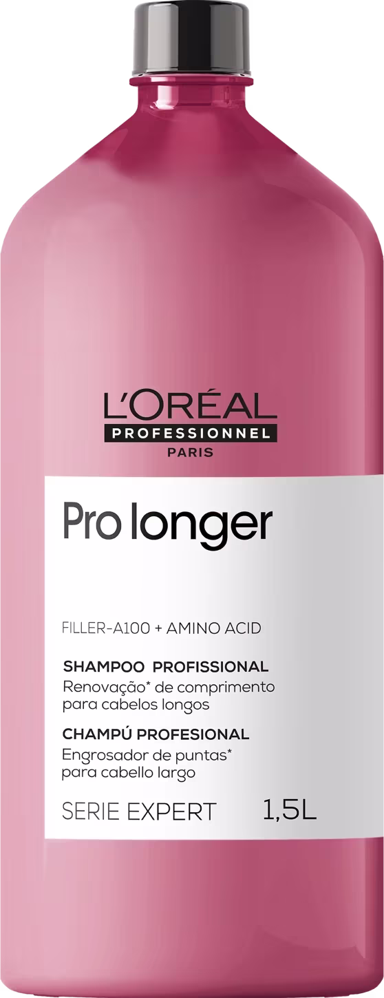 Produto de cabelo L'Oréal Professionnel Prolonger, shampoo profissional da linha Serie Expert. Embalagem plástica rosa opaca de 1,5 litros.