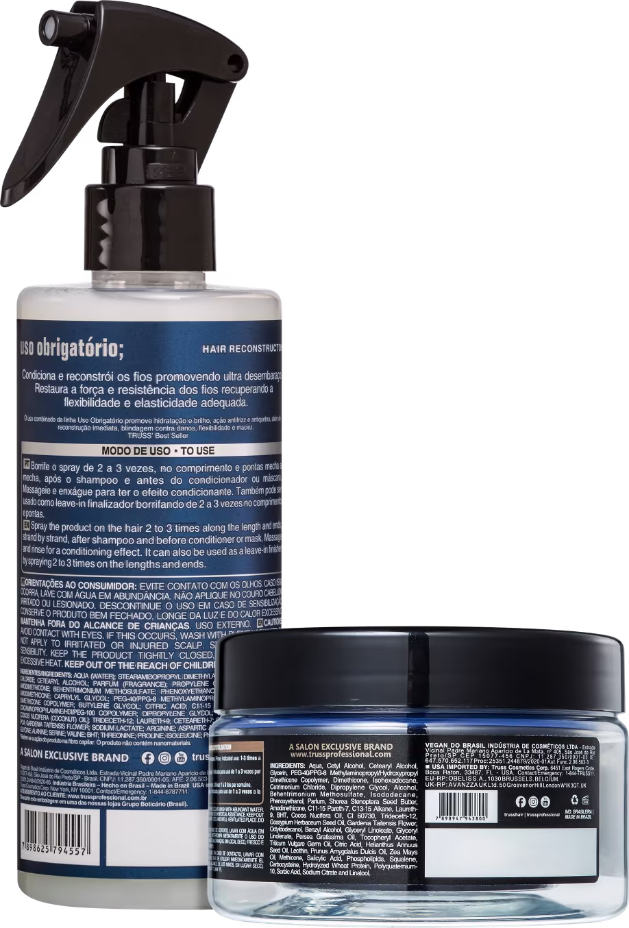 Kit com tratamento reconstrutor Uso Obrigatório e máscara capilar Blond, da marca TRUSS. Imagem do verso.