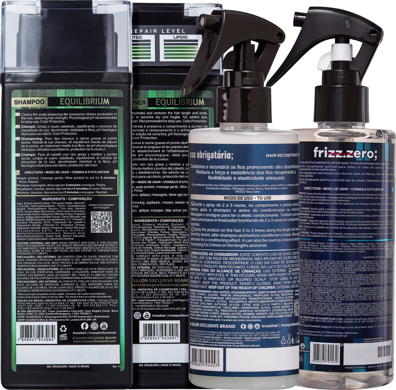 Verso dos produtos, onde é possível ver a composição, modo de uso e código de barras.