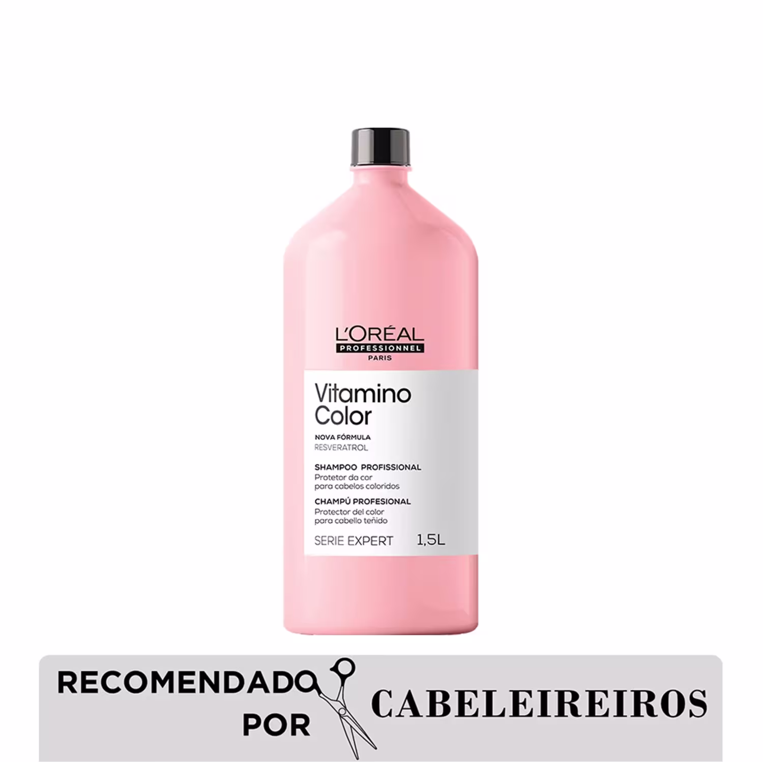 É um shampoo profissional da linha Série Expert da L'Oréal Professionnel. A embalagem é uma garrafa plástica rosa com capacidade de 1,5 litros. O rótulo indica que é o produto Vitamino Color, uma nova fórmula para proteger cabelos coloridos.