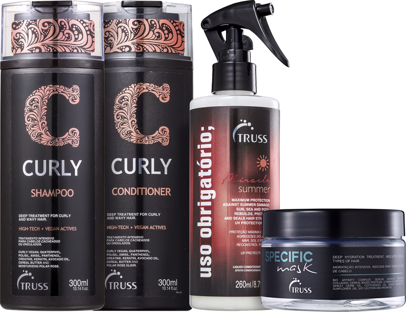 Kit com shampoo, condicionador Curly, máscara Specific e tratamento reconstrutor Uso Obrigatório Miracle Summer, da marca TRUSS.