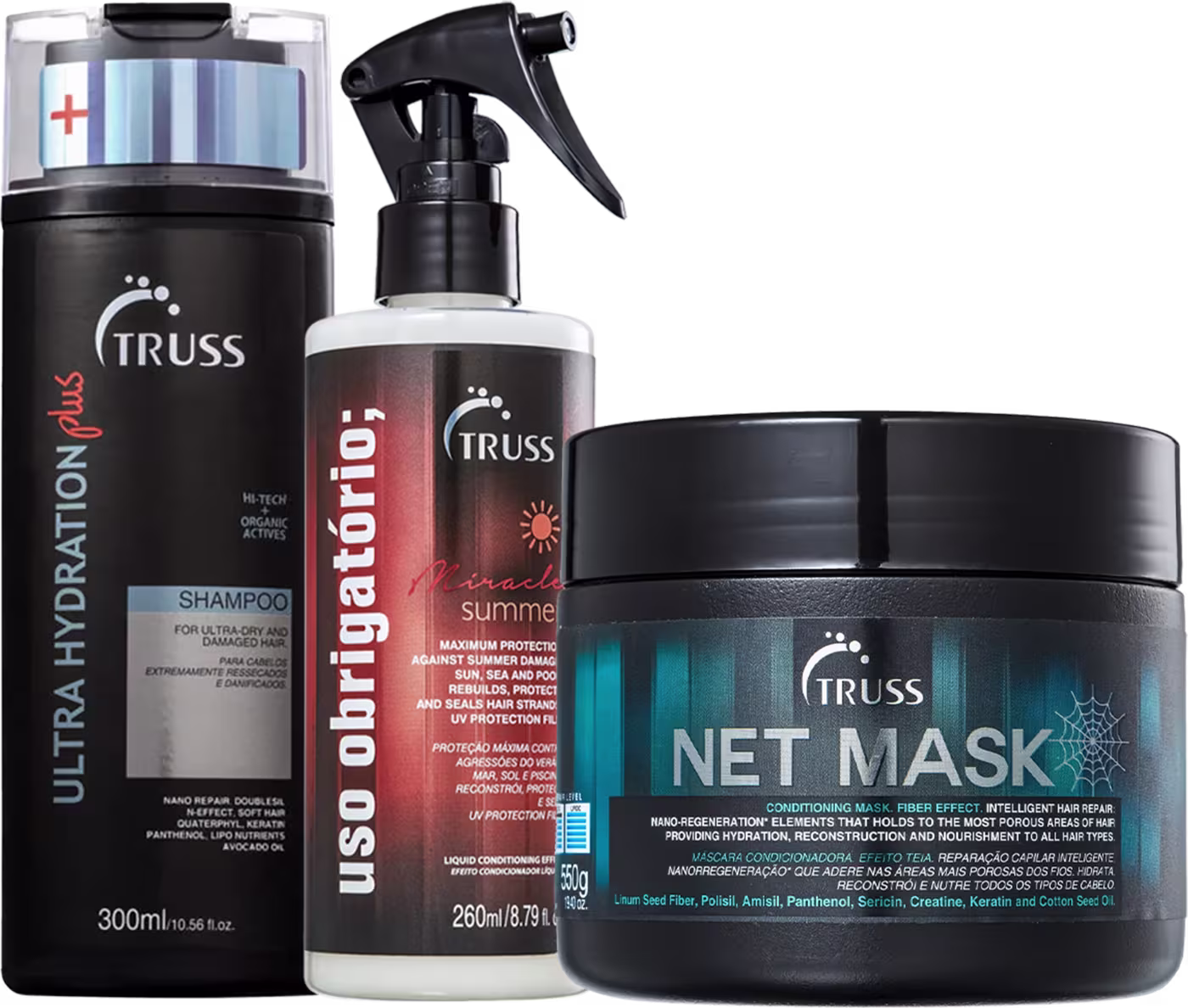 A imagem mostra o kit de TRUSS com o shampoo, o frasco em spray do uso obrigatório miracle summer e o pote redondo da máscara net mask.