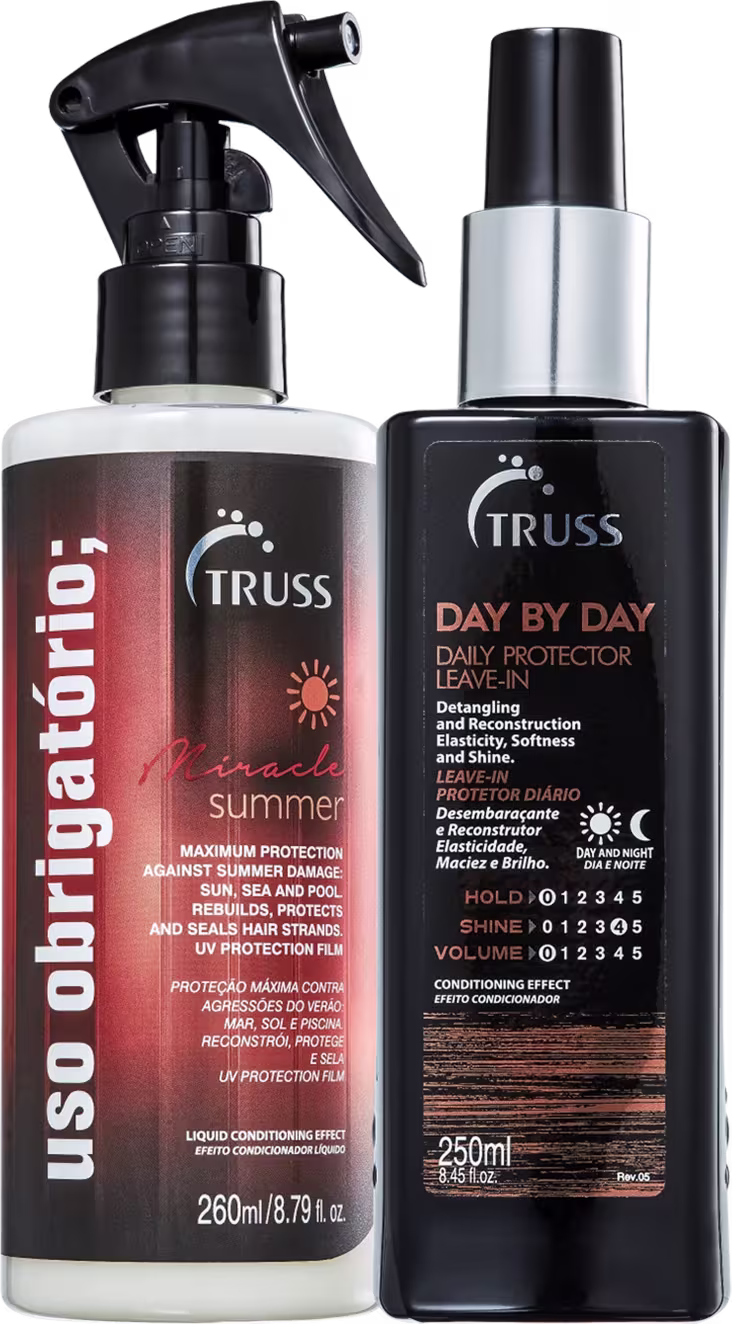 Dois produtos para cuidados capilares da marca TRUSS. Um é um protetor solar líquido para cabelos chamado "Uso Obrigatório Summer", em uma embalagem spray de 260ml. O outro é um leave-in diário chamado "Day by Day", em um frasco preto de 250ml.