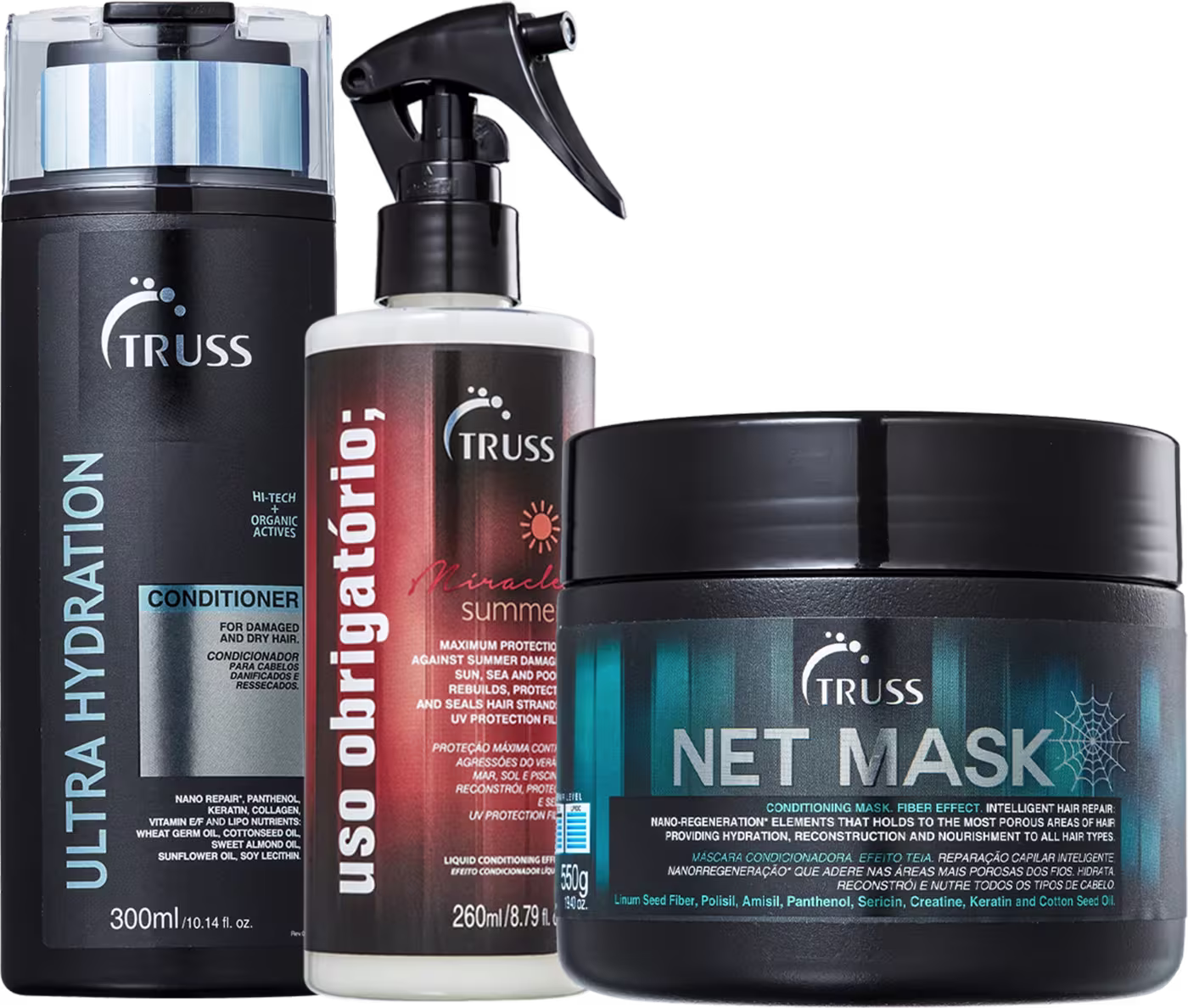 Três produtos de cuidados capilares da marca TRUSS. O primeiro é um condicionador de 300ml. O segundo é um protetor solar líquido para cabelos de 260ml. O terceiro é uma máscara capilar de 550g.