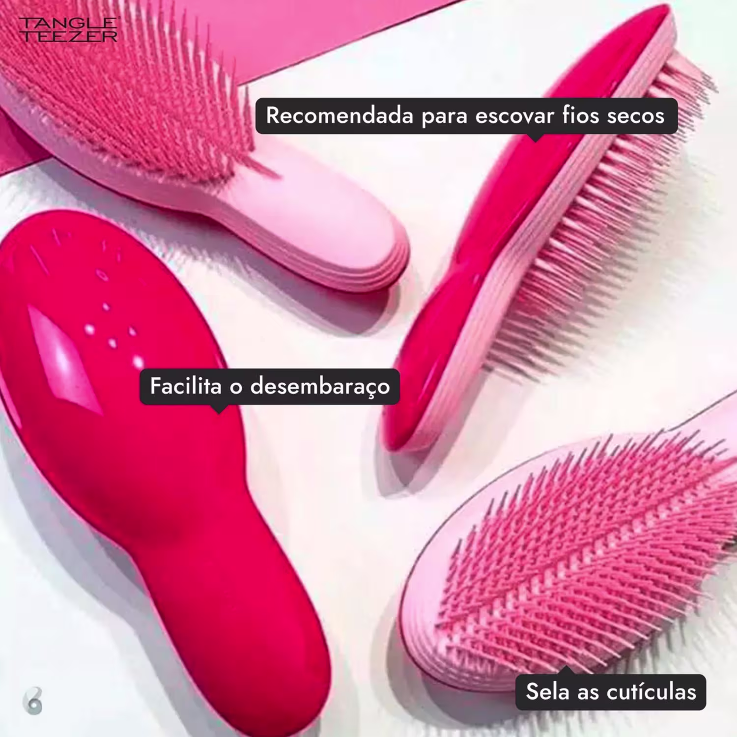 A escova Tangle Teezer é recomendada para escovar os fios secos, facilitam o desembaraço e sela as cutículas.