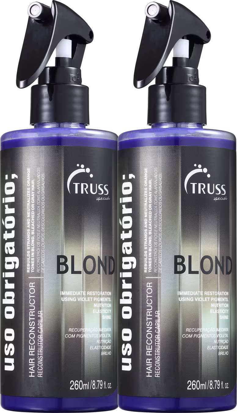 Dois frascos de spray para cabelos loiros da marca TRUSS, linha Uso Obrigatório Blond.Os frascos são pretos com detalhes prateados e uma faixa roxa na parte inferior.