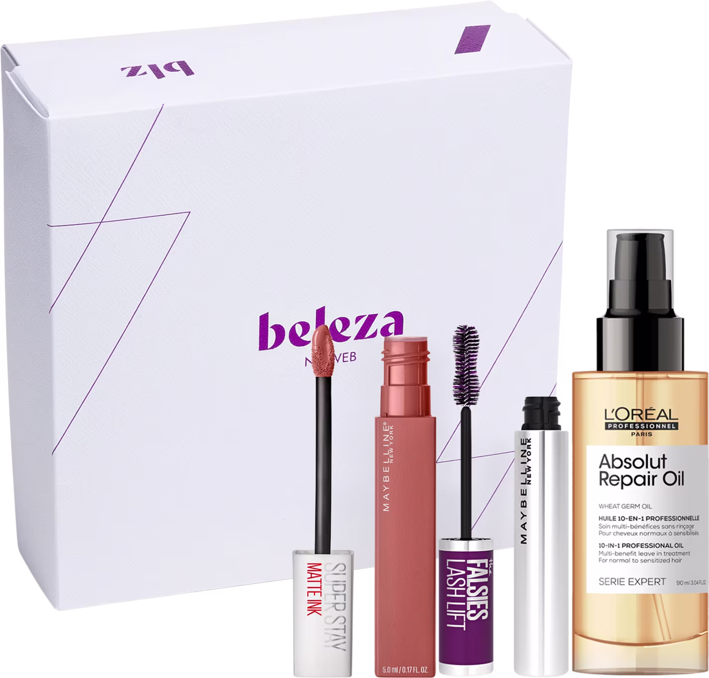 A caixa branca contém produtos de beleza, incluindo um batom líquido de cor rosada, uma máscara de cílios e um frasco de óleo de reparação da marca L'Oréal Professionnel.