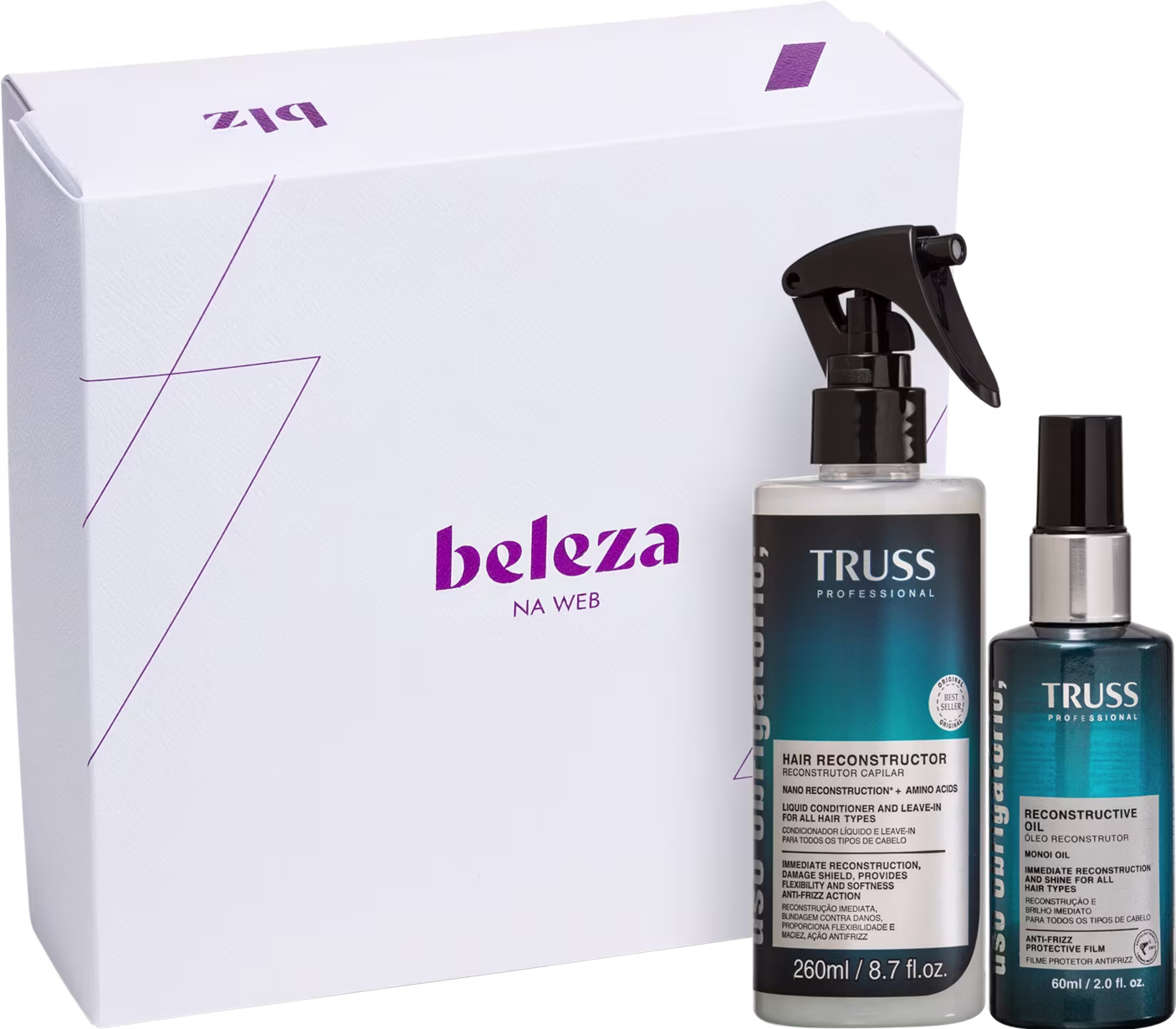 A imagem mostra caixa branca presenteável com o logotipo da Beleza na Web e dois produtos da marca TRUSS, da linha Uso Obrigatório: spray reconstrutor de 260ml e óleo capilar de 60ml.