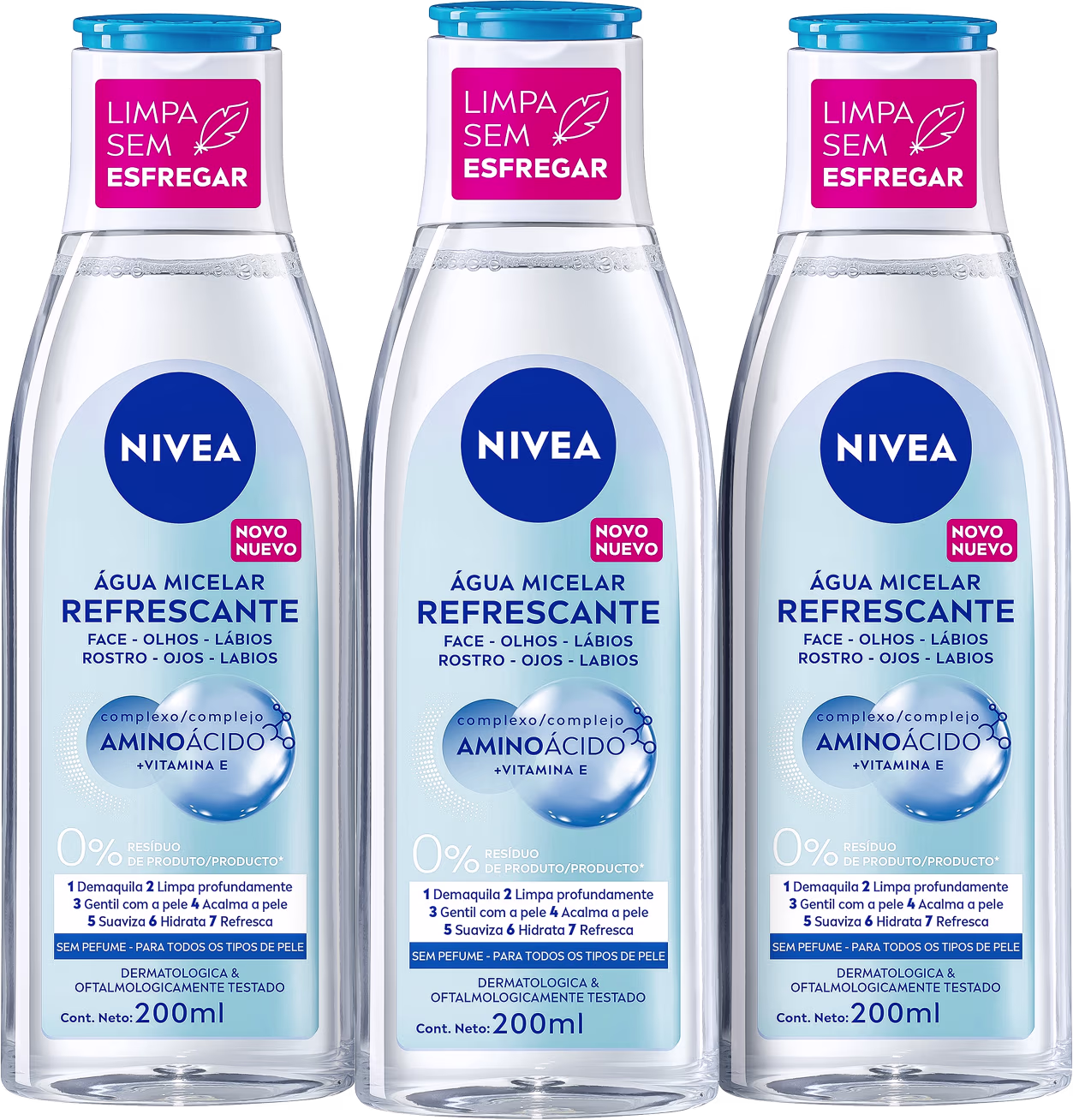 Kit NIVEA com 3 unidades de Água Micelar Solução de Limpeza 7 em 1 de 200ml cada