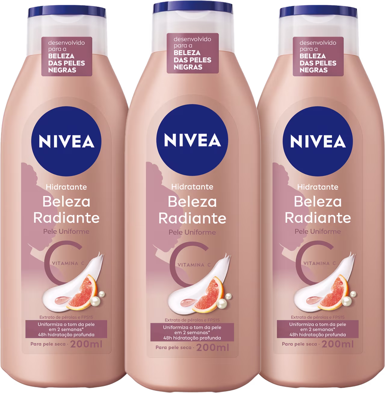 Kit NIVEA com 3 unidades de Hidratante Corporal Beleza Radiante Pele Uniforme de 200ml cada