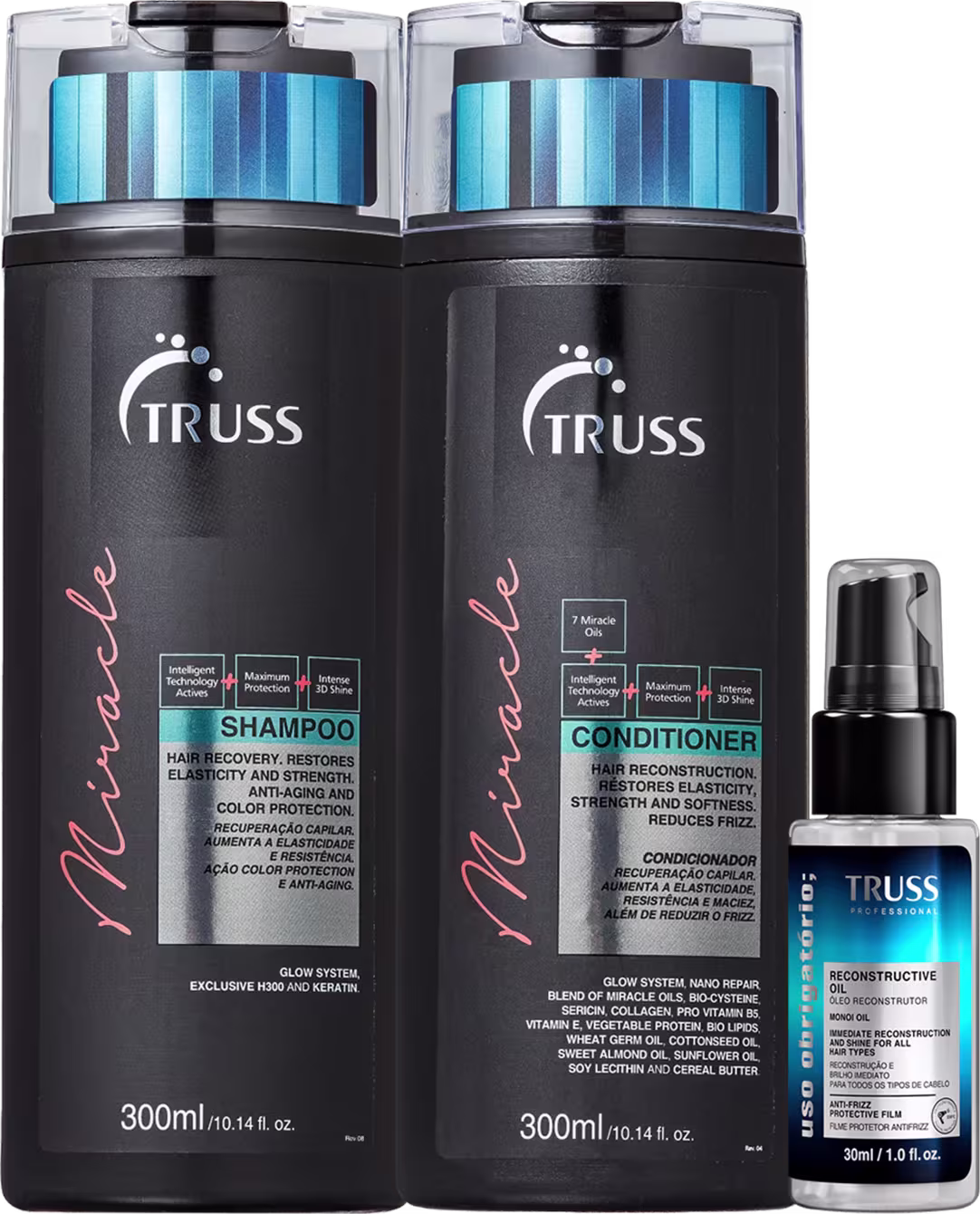 Kit TRUSS Miracle + Uso Obrigatório Oil Mini, 3 produtos.