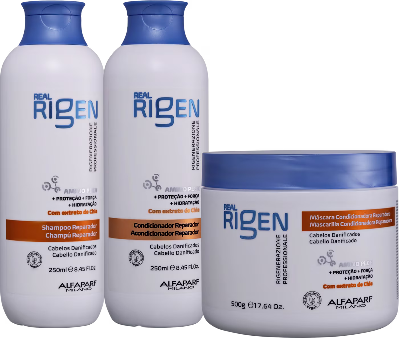 Kit com shampoo, condicionador e máscara capilar Real Rigen, da marca Alfaparf Milano.